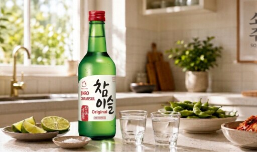 Soju: de fles staat in de keuken, met 2 shotglaasjes Soju ernaast. Met een schaaltje limoen, edamame en wat zout in een mooie lichte keuken.